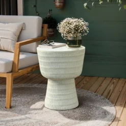 LuxenHome Outdoor Side Table, 15" Off White Round Spiral Pattern End Table,Accent Side Table For Outdoor And Indoor,Living Room,Backyard Off-White