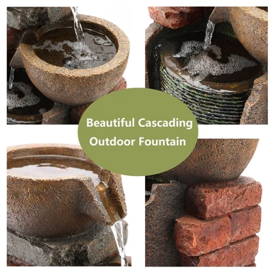 LuxenHome 23" H Bowls And Bricks Resin Outdoor Fountain With Lights Brown 2 LuxenHome 23" H Bowls And Bricks Resin Outdoor Fountain With Lights Brown - Image 2