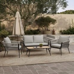 LuxenHome Outdoor Aluminum With PE Rope Loveseat Sofa With Cushions And Coffee Table Set -LuxenHome GUEST 00db5f2c 9020 4309 a38d d7036688d03b
