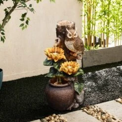LuxenHome 28 Inch Outdoor Water Fountain, Owl And Sunflower Cascading Waterfall Fountain Outdoor And Indoor With LED Lights Brown -LuxenHome GUEST 03fbce43 eeef 45bd b790 30995c0d402c