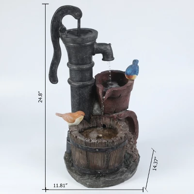 LuxenHome Resin Farmhouse Barrel And Water Pump Outdoor Fountain 8 LuxenHome Resin Farmhouse Barrel And Water Pump Outdoor Fountain - Image 8