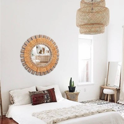LuxenHome 24" Round Boho Style Raffia Accent Wall Mirror Wall Decor Home Decor 5 LuxenHome 24" Round Boho Style Raffia Accent Wall Mirror Wall Decor Home Decor - Image 5