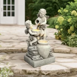 LuxenHome 30” Gray Resin Cherub Angels Outdoor Water Fountain With LED Lights, Garden Fountain Decor For Yard -LuxenHome GUEST 07fd5482 409f 4f98 9222 812e5555b096