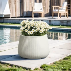 LuxenHome 15.5" Dia Round Concrete Planter Large Indoor Outdoor Plant Pot With Drainage Hole And Plug Modern Off-White Ripped Flower Pot