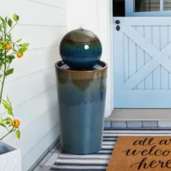 LuxenHome 30" Ceramic Outdoor Water Fountain, Glazed Blue Bubbling Sphere Garden Water Fountain Outdoor And Indoor -LuxenHome GUEST 09729998 c670 4491 919d 81d5a47dc879