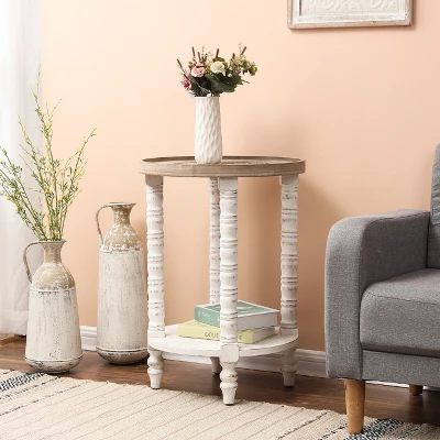 LuxenHome White And Natural Wood Round Accent Side Table With Storage. 2 LuxenHome White And Natural Wood Round Accent Side Table With Storage. - Image 2