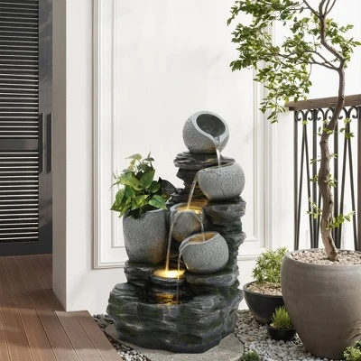 LuxenHome 30" Garden Water Fountain, 4 Tiers Cascading Pots & Rock Cascading Waterfall Fountain Outdoor With LED Lights Gray 3 LuxenHome 30" Garden Water Fountain, 4 Tiers Cascading Pots & Rock Cascading Waterfall Fountain Outdoor With LED Lights Gray - Image 3