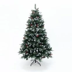 LuxenHome 6Ft Pre-Lit Artificial Pine Christmas Tree With Frosted Tips, Pinecones, And Red Berries Green -LuxenHome GUEST 0be7f9ab d0d2 410f bdb6 90416f1eed4f