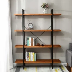 LuxenHome 4-Shelf 66.5" H X 51.2" W Pine Wood Metal Frame Etagere Bookcase.