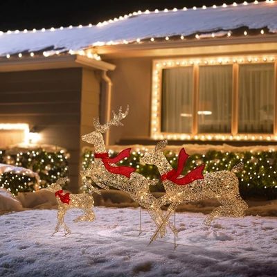 LuxenHome 3-Piece Champagne Gold PET Running Deer Family Outdoor Holiday Decoration With Lights Brown, Red 3 LuxenHome 3-Piece Champagne Gold PET Running Deer Family Outdoor Holiday Decoration With Lights Brown, Red - Image 3