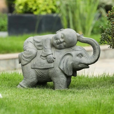 LuxenHome 14.5" Gray MgO Buddha Monk And Elephant Garden Statue 1 LuxenHome 14.5" Gray MgO Buddha Monk And Elephant Garden Statue