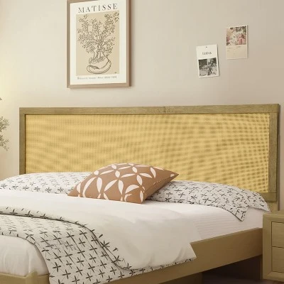 LuxenHome Natural Finish Rubberwood With Rattan Panel Headboard, Queen Brown 2 LuxenHome Natural Finish Rubberwood With Rattan Panel Headboard, Queen Brown - Image 2