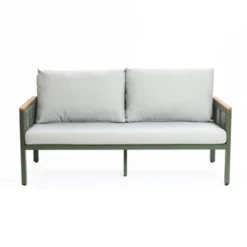LuxenHome Outdoor Aluminum With Wood-Style Plastic Loveseat Sofa With Cushions And Coffee Table Set -LuxenHome GUEST 106c2e2e 1dfa 4dc2 a3eb 5d2dd650454c