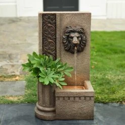 LuxenHome 25.8" H Sandstone Resin Regal Lion Head Floor Outdoor Water Fountain With Lights Brown -LuxenHome GUEST 10b77722 b431 4b1b 8c8c b066f42586c5