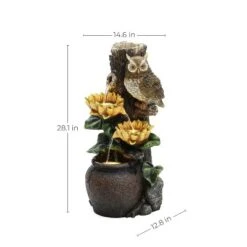 LuxenHome 28 Inch Outdoor Water Fountain, Owl And Sunflower Cascading Waterfall Fountain Outdoor And Indoor With LED Lights Brown -LuxenHome GUEST 13b284d6 bd68 4cf3 8d30 827e9536d4db