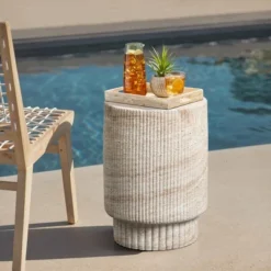 LuxenHome Travertine-Style Round Ribbed MgO Side Table Multicolored