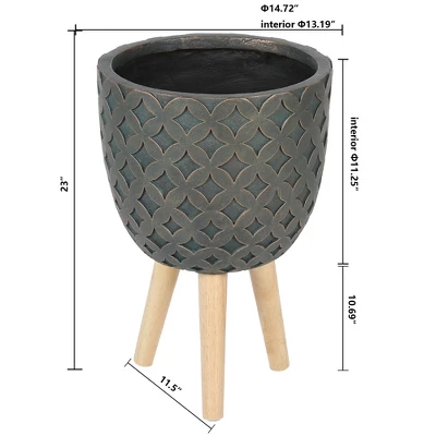 LuxenHome Butterfly Embossed Brown 14.7" Round MgO Planter With Wood Legs 5 LuxenHome Butterfly Embossed Brown 14.7" Round MgO Planter With Wood Legs - Image 5