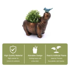 LuxenHome Brown Hippo And Blue Bird MgO Flower Pot Planter -LuxenHome GUEST 1a325c9b fa26 49cc b39d 096b964dc955