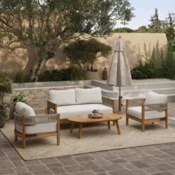 LuxenHome Outdoor Acacia Wood With Rope Sides Club Loveseat With Cushions And Coffee Table -LuxenHome GUEST 1af59623 81a4 402b 823f ea5a0a4345d7
