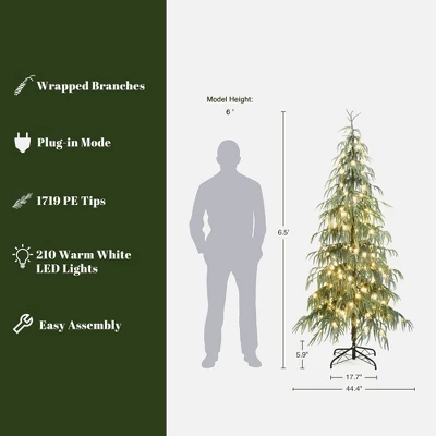 LuxenHome 6.5Ft Pre-Lit Slim Artificial Cedar Christmas Tree With Metal Stand Green 2 LuxenHome 6.5Ft Pre-Lit Slim Artificial Cedar Christmas Tree With Metal Stand Green - Image 2