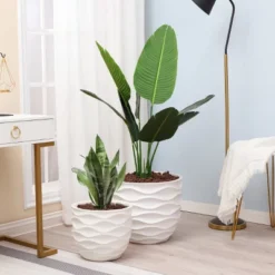 LuxenHome White MgO 15.2-Inch H Waves Design Round Planter -LuxenHome GUEST 1eca67c2 a43e 4391 a42d a3ae4bf14939