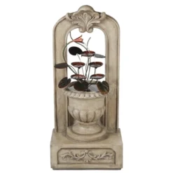 LuxenHome 40.35 In. H Arched Cement Urn With Metal Flowers Outdoor Fountain Beige -LuxenHome GUEST 20e337bd 1ec5 42c5 8a37 5009cb037f8a