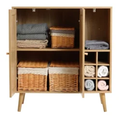 LuxenHome 35" Tall 2-Door Rattan Light Oak Finish Wood Wine And Storage Cabinet Brown -LuxenHome GUEST 218dcab7 058a 42f4 aa7d ade4dca91f61