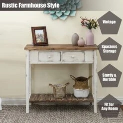 LuxenHome Distressed White And Wood 2-Drawer 1-Shelf Console Table And Entry Table -LuxenHome GUEST 2233a306 1737 4d2a 8901 5fc91edc2481