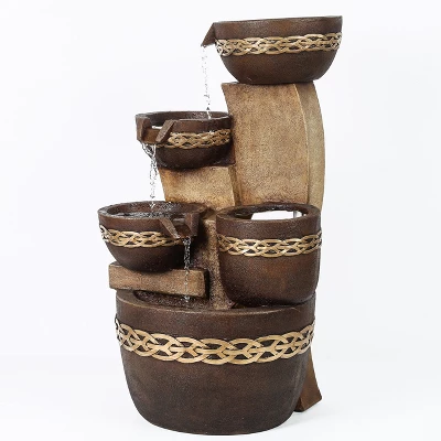 LuxenHome Brown Resin Tiered Bowls And Pot Outdoor Fountain 2 LuxenHome Brown Resin Tiered Bowls And Pot Outdoor Fountain - Image 2