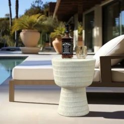 LuxenHome Outdoor Side Table, 15" Off White Round Spiral Pattern End Table,Accent Side Table For Outdoor And Indoor,Living Room,Backyard Off-White -LuxenHome GUEST 236a8d24 c8c9 4626 b561 5c67448c00cc