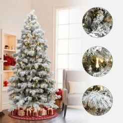 LuxenHome 7.5Ft Snow-Flocked Cedar Christmas Tree Pre-Lit With Teardrop LED Lights & Hinged Branches Green