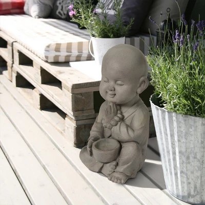 LuxenHome 12.01" Gray MgO Meditating Buddha Monk With Bowl And Beads Garden Statue 2 LuxenHome 12.01" Gray MgO Meditating Buddha Monk With Bowl And Beads Garden Statue - Image 2