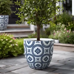 LuxenHome Round Tapered Planter – Blue And White Floral MgO Pot With Drainage Hole