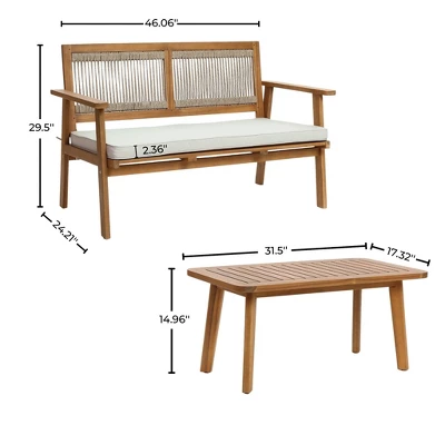 LuxenHome Outdoor Acacia Wood Rope Back Loveseat With Cushions And Coffee Table Set 5 LuxenHome Outdoor Acacia Wood Rope Back Loveseat With Cushions And Coffee Table Set - Image 5