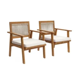 LuxenHome Outdoor Acacia Wood Rope Back Armchairs With Cushions, Set Of 2 -LuxenHome GUEST 2674d01d 1e4b 4d7f b025 870ff97a0389
