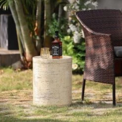 LuxenHome Beige And Brown MgO 13.6" Round Side Table For Indoor And Outdoor -LuxenHome GUEST 26b6c021 b6a8 44ee bfde 326ed3fd4d2d