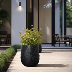 LuxenHome Round Black Geometric Planter – Indoor/Outdoor MgO Pot With Drainage Plug -LuxenHome GUEST 2782f46e e337 4d38 af12 418529c485b0