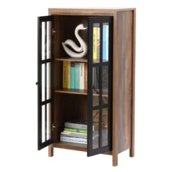 LuxenHome Natural Wood Glass Doors 47.25" H Accent Curio Storage Cabinet. -LuxenHome GUEST 2aae6d07 5352 40d7 a6b6 67808619b662