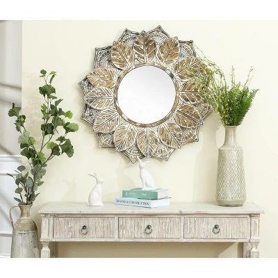 LuxenHome Distressed Brown And White Leaf Wreath Metal Frame Wall Mirror 1 LuxenHome Distressed Brown And White Leaf Wreath Metal Frame Wall Mirror