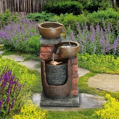 LuxenHome 23" H Bowls And Bricks Resin Outdoor Fountain With Lights Brown 3 LuxenHome 23" H Bowls And Bricks Resin Outdoor Fountain With Lights Brown - Image 3