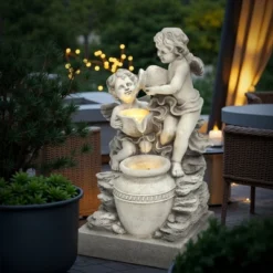 LuxenHome 30” Gray Resin Cherub Angels Outdoor Water Fountain With LED Lights, Garden Fountain Decor For Yard -LuxenHome GUEST 2b25f33d b1a1 47c7 949c 42213d0e14b4