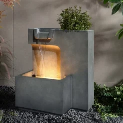 LuxenHome 20" Cascading Rectangle Water Fountain Outdoor With Planter And LED Lights, Resin Garden Garden Waterfall For Patio, Yard Gray