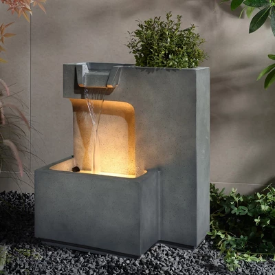 LuxenHome 20" Cascading Rectangle Water Fountain Outdoor With Planter And LED Lights, Resin Garden Garden Waterfall For Patio, Yard Gray 1 LuxenHome 20" Cascading Rectangle Water Fountain Outdoor With Planter And LED Lights, Resin Garden Garden Waterfall For Patio, Yard Gray