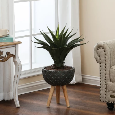 LuxenHome Butterfly Embossed Brown 12.25" Round MgO Planter With Wood Legs 1 LuxenHome Butterfly Embossed Brown 12.25" Round MgO Planter With Wood Legs