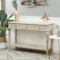 LuxenHome Whitewashed Wood 3-Drawer 1-Shelf Console And Entry Table 15 LuxenHome Whitewashed Wood 3-Drawer 1-Shelf Console And Entry Table -LuxenHome GUEST 32fc05e5 f54e 48a7 b802 1f94650a196f
