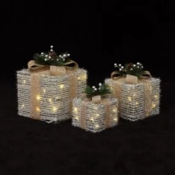 LuxenHome 3-Pc Lighted Silver Tinsel Gift Box Set With Champagne Ribbon, Outdoor Holiday Decoration Silver, Champagne, Green 15 LuxenHome 3-Pc Lighted Silver Tinsel Gift Box Set With Champagne Ribbon, Outdoor Holiday Decoration Silver, Champagne, Green -LuxenHome GUEST 3354fc29 ee3c 474d be3a f91758ea6d2d