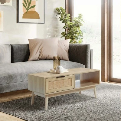 LuxenHome White Oak Finish Wood And Rattan Coffee Table Brown 4 LuxenHome White Oak Finish Wood And Rattan Coffee Table Brown - Image 4