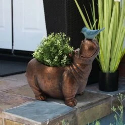 LuxenHome Brown Hippo And Blue Bird MgO Flower Pot Planter -LuxenHome GUEST 39372e80 0ec2 480c b762 d136c25445ec