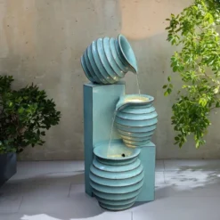 LuxenHome 30" Tall Aqua Blue Outdoor Water Fountain With LED Lights, Cascading Resin Garden Fountain With Ceramic Like Glaze