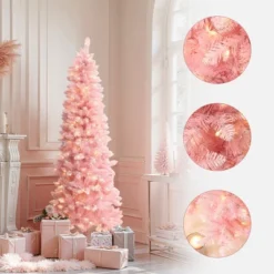 LuxenHome 6Ft Pink Pencil Artificial Tree With Warm White Lights And 8 Light Functions